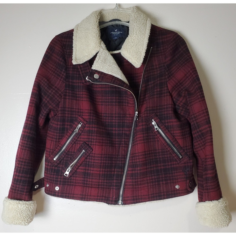 American Eagle Red Black Plaid Bomber Moto Jacket Faux Fur Small Sherpa Wool